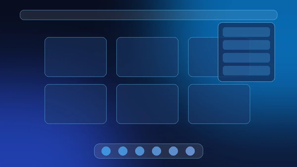 Concept illustration of the planned layout: top bar, overview grid of windows, quick settings panel, and dock