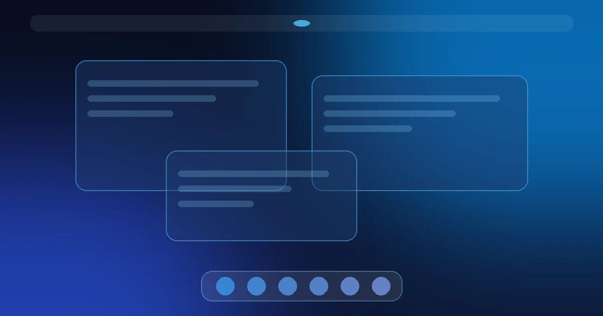 Concept illustration of a calm desktop layout with a top bar, floating windows, and a dock on a dark navy background