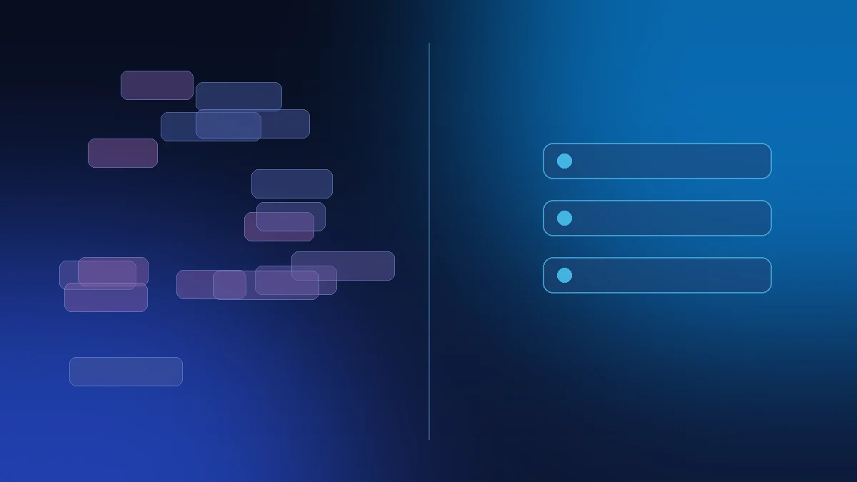Concept illustration comparing scattered notification cards on one side with three calm, grouped cards on the other