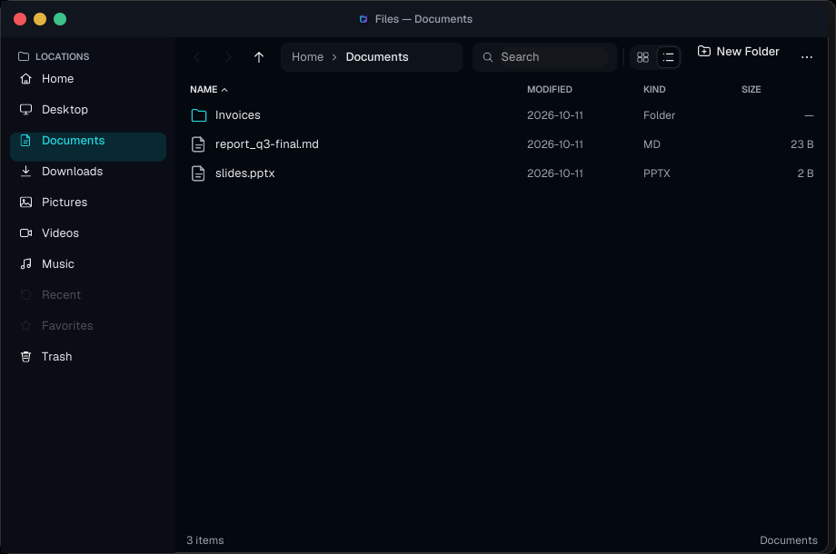 Aospix Files listing documents in list view